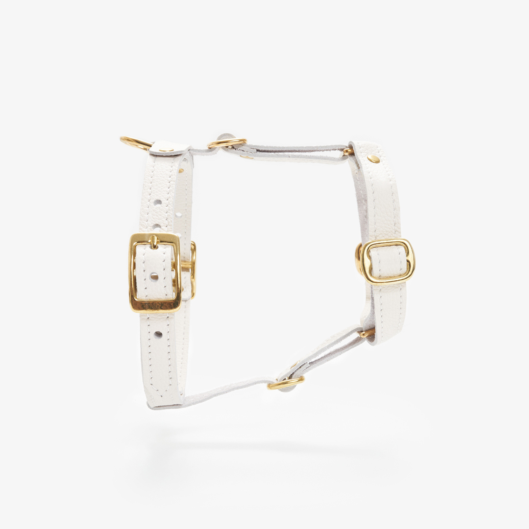 Spotlighting the pristine white leather profile and golden brass hardware, this anatomical chest strap sits flawlessly against a stark studio background.