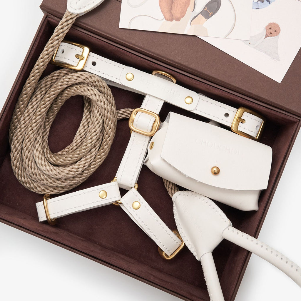 Close-up of the milk white premium leather dog harness, rope leash, and waste bag holder by CacheMio & CHOUCHOÚ inside the signature brown gift box.