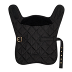 Top-down layout of the minimalist black quilted dog vest, showcasing the dark weather-resistant shell and high-contrast solid brass waist belt.