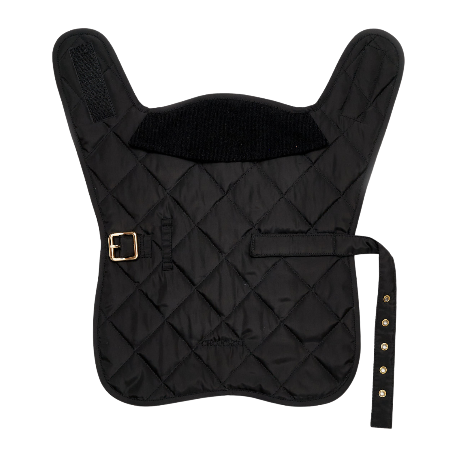 Top-down layout of the minimalist black quilted dog vest, showcasing the dark weather-resistant shell and high-contrast solid brass waist belt.
