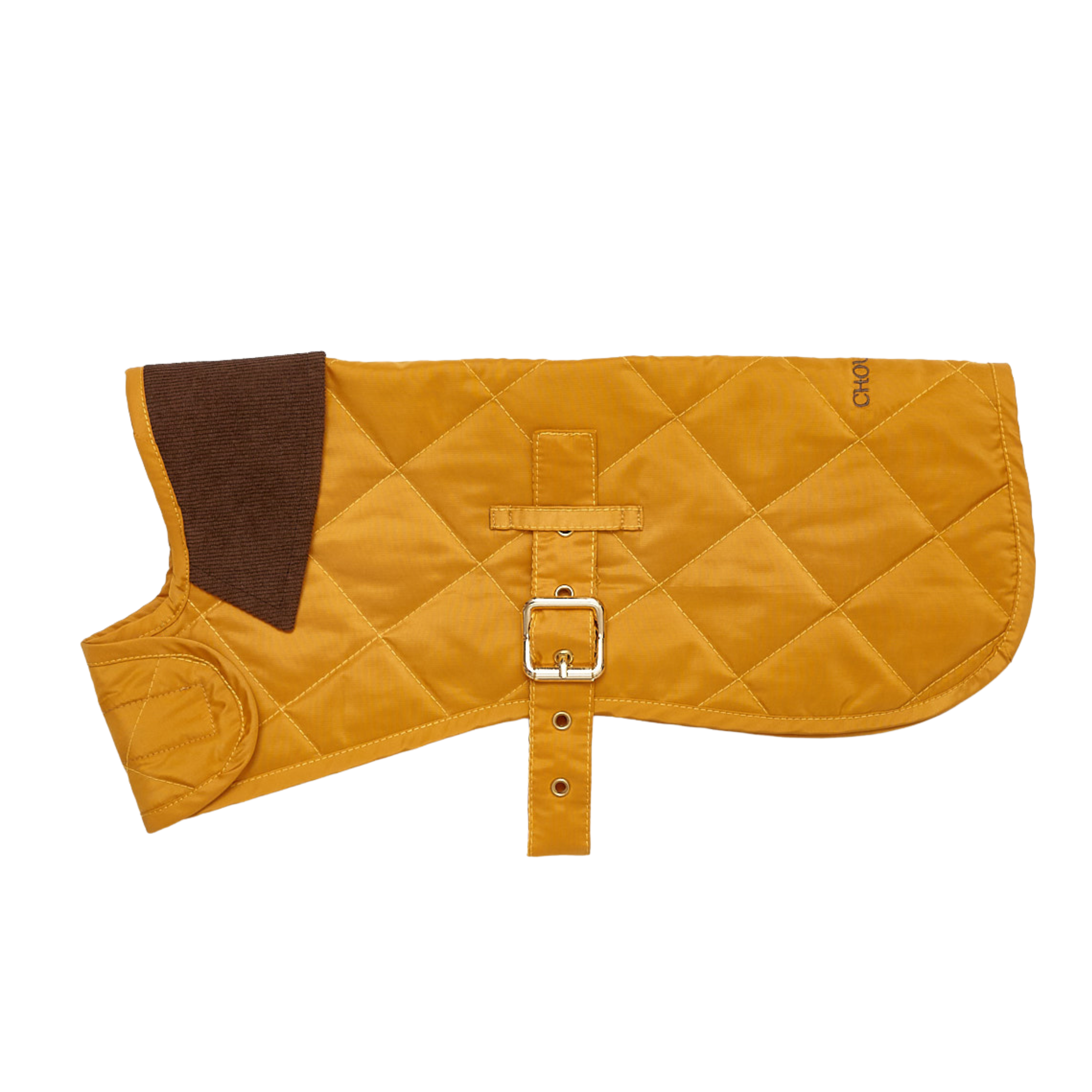 A tailored golden-ochre pet jacket displayed in profile, demonstrating the weather-ready coverage and adjustable brass belt engineered by CacheMio x CHOUCHOÚ.