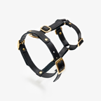 Oblique architectural study of the pitch-black canine chest strap, revealing the heavy-duty golden brass nodes and tactical leather layering.