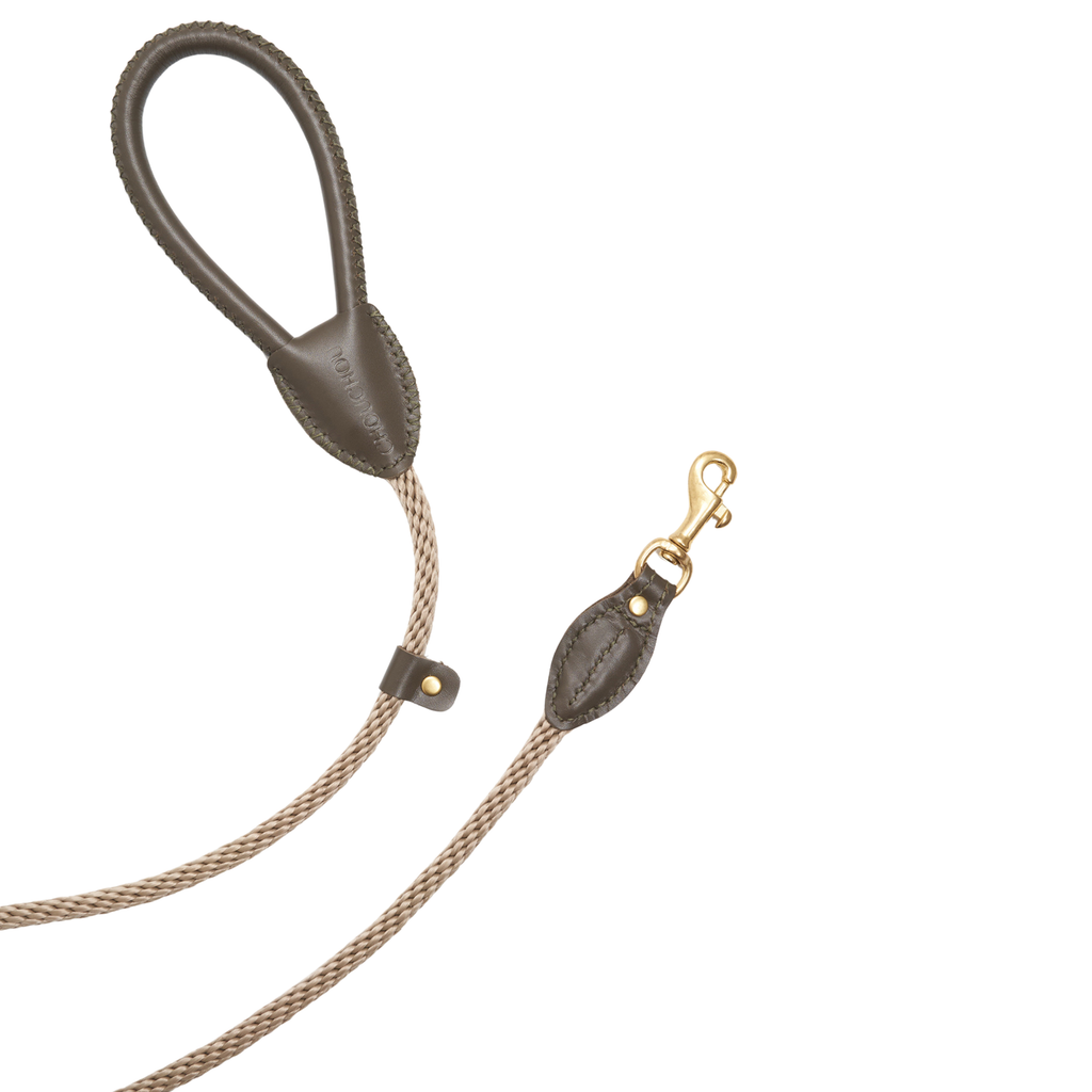 Minimalist composition featuring the rugged yet elegant Olive green dog walking gear, emphasizing the seamless transition from leather to rope.