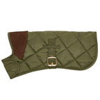 Side profile of the premium olive green dog outerwear, highlighting the lightweight diamond quilting and adjustable belt.