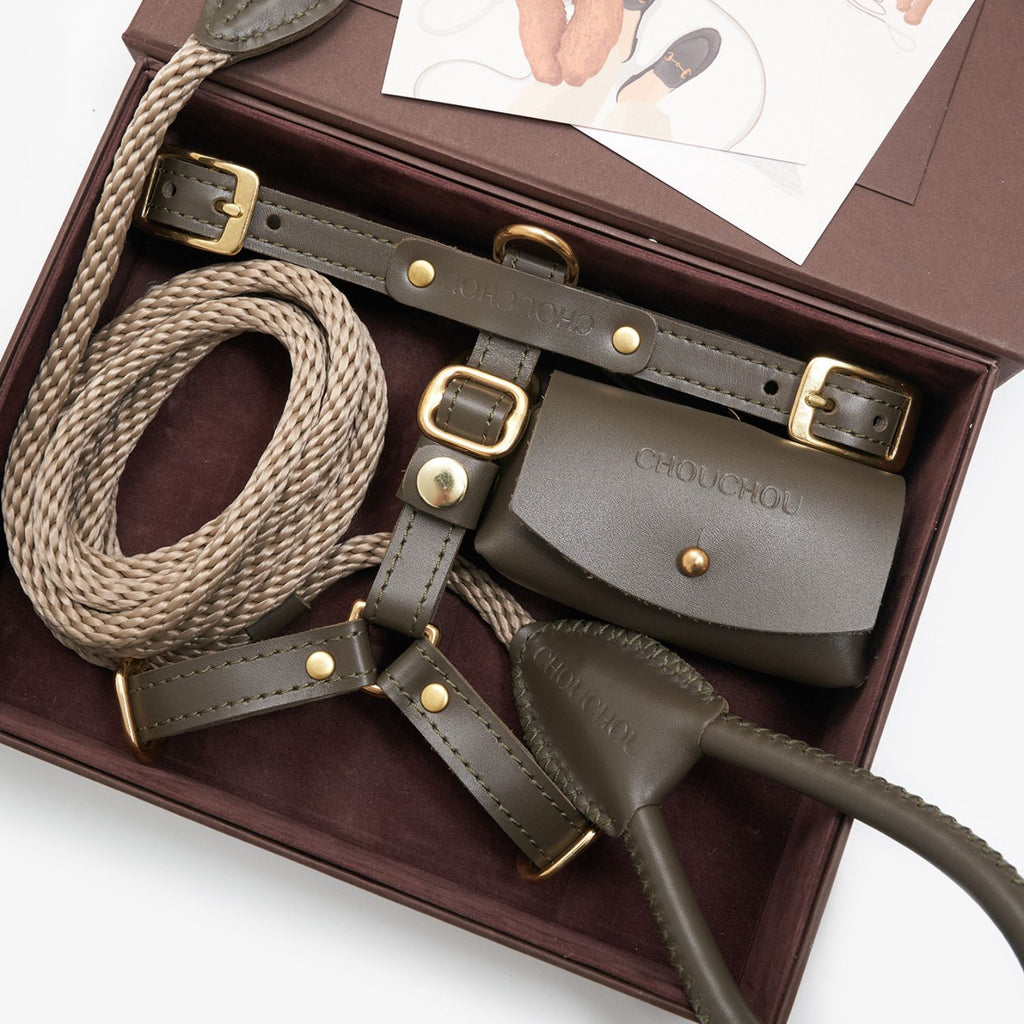 Close-up of the Olive green premium Italian leather dog harness and waste bag holder by CacheMio & CHOUCHOÚ, resting elegantly inside the signature packaging.