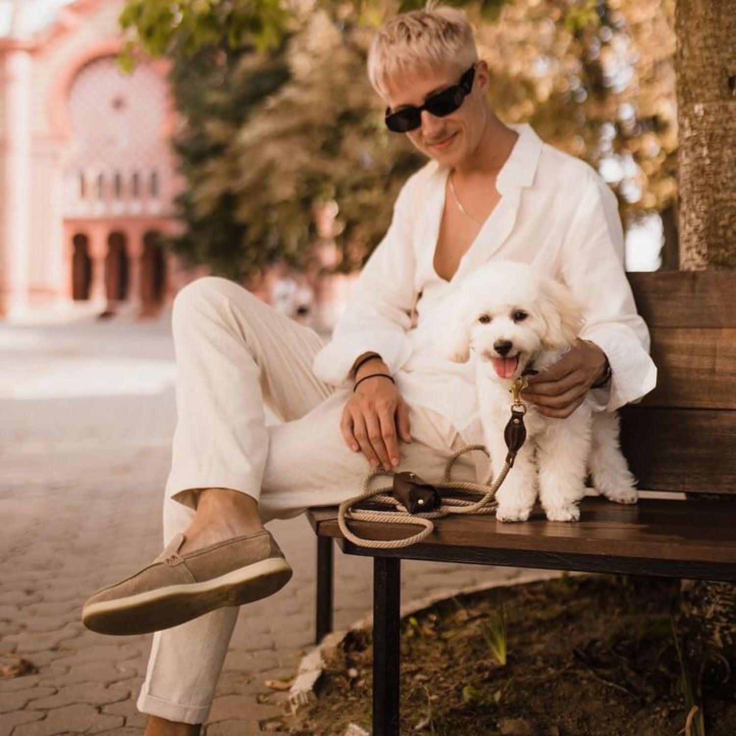 A relaxed urban lifestyle moment capturing a man on a wooden bench with his white dog, accompanied by classic brown walking equipment.