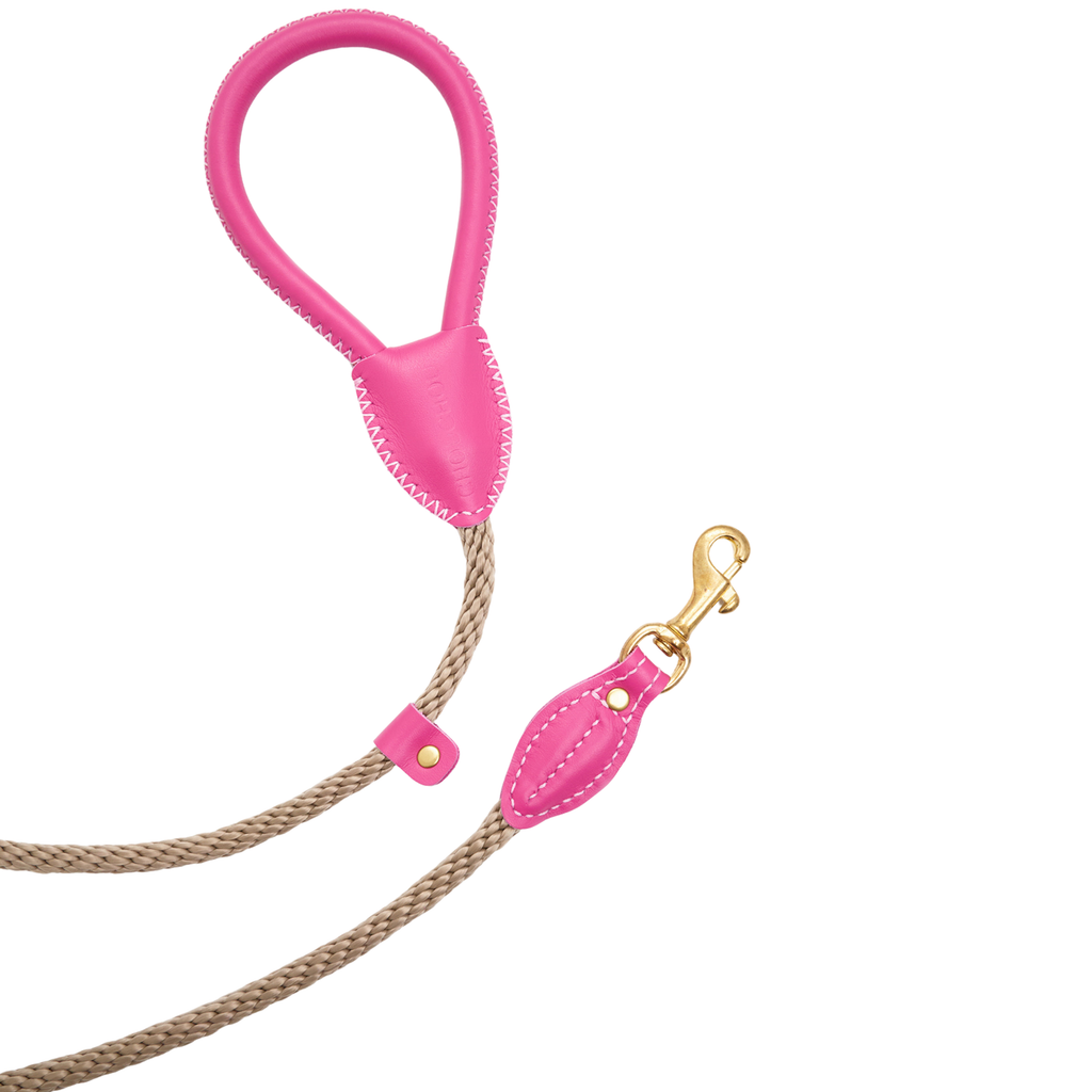 Close-up on the premium rust-resistant solid brass clasp and meticulous stitching on the CacheMio x CHOUCHOÚ vibrant pink leather dog accessory.
