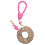 Top-down presentation of the Hot Pink dog leash by CacheMio & CHOUCHOÚ, showcasing a playful vibrant leather handle elegantly coiled with a tactile beige rope.