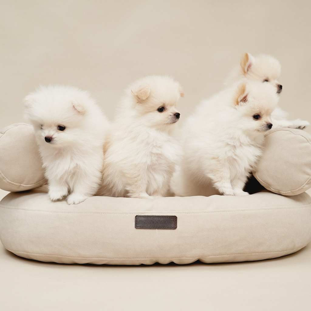 Four pristine white Pomeranian puppies nestle securely within the supportive soft bolsters of the sand-toned luxury resting space.