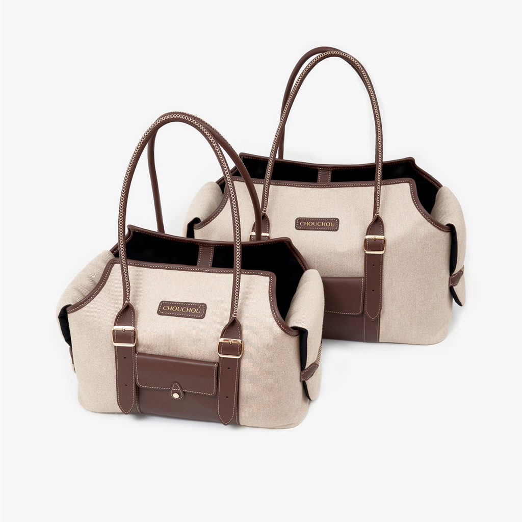 Studio presentation of the Classy Collection pet carriers by CacheMio and CHOUCHOÚ. A side-by-side view highlighting the elegant beige canvas and dark brown leather construction.