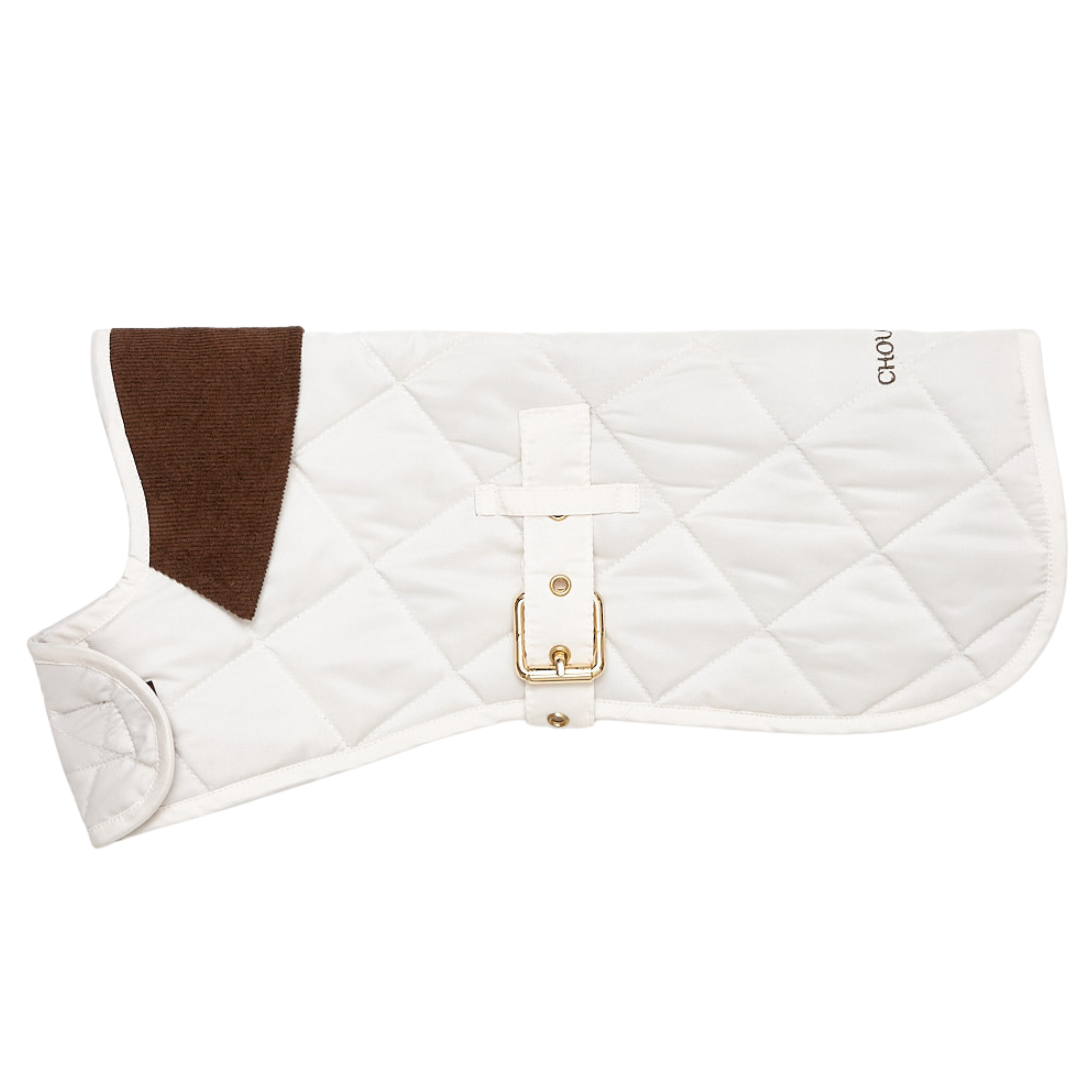 Crisp winter-white pet apparel rests in a lateral stance, emphasizing its structured defense against the elements. The stark contrast between the bright shell and dark velvet neckpiece creates an immediately striking visual profile.