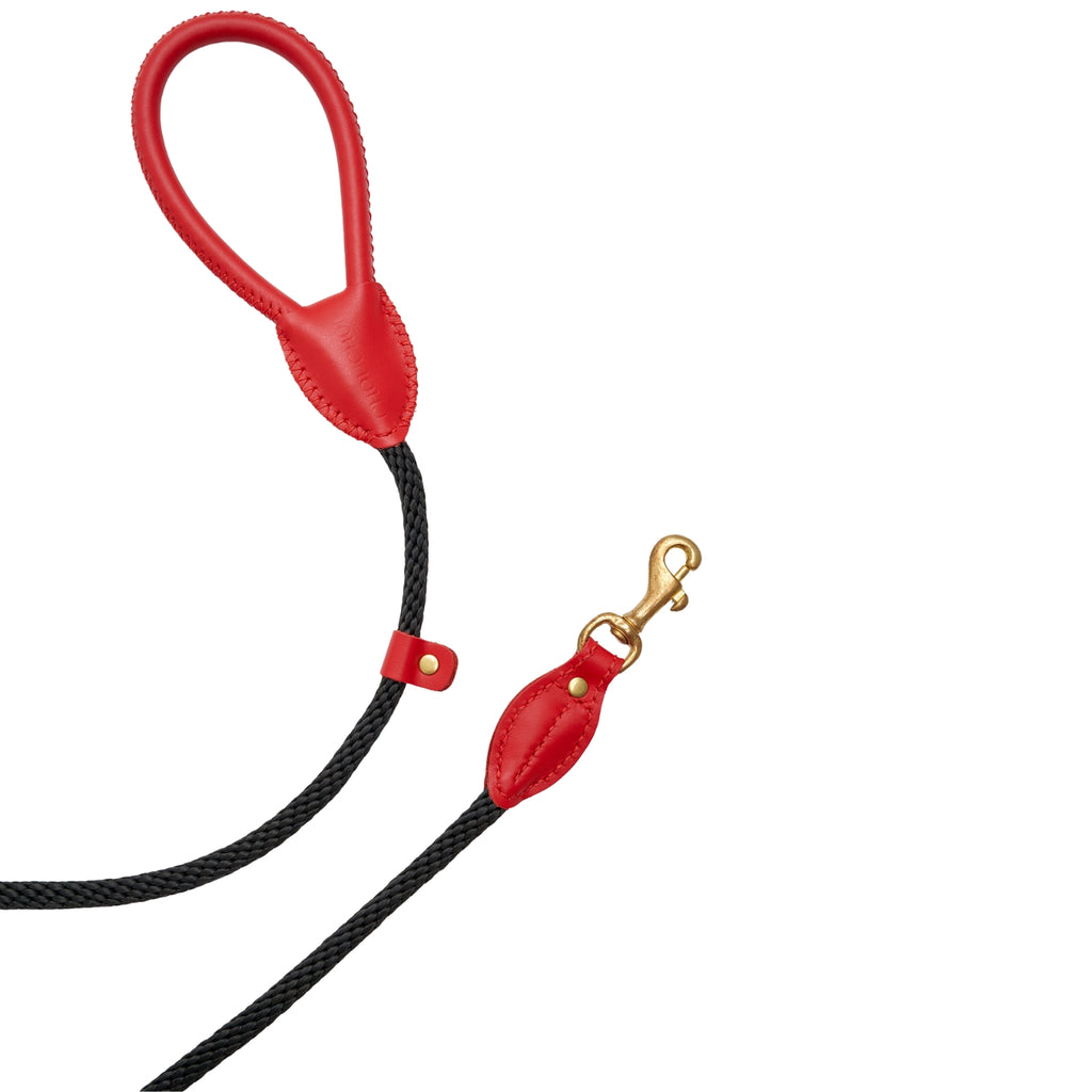 Macro detail of the vibrant red leather handle and age-defying brass hardware on the CacheMio & CHOUCHOÚ dog leash featuring a black rope.