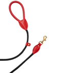 Macro detail of the vibrant red leather handle and age-defying brass hardware on the CacheMio & CHOUCHOÚ dog leash featuring a black rope.