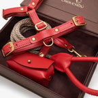 Close-up of the premium red leather dog harness and rope leash by CacheMio & CHOUCHOÚ, highlighting the solid brass hardware and meticulous stitching.