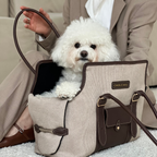 Relaxed domestic atmosphere captured as a woman sits on a textured rug next to her small white companion resting securely inside the designer pet object.