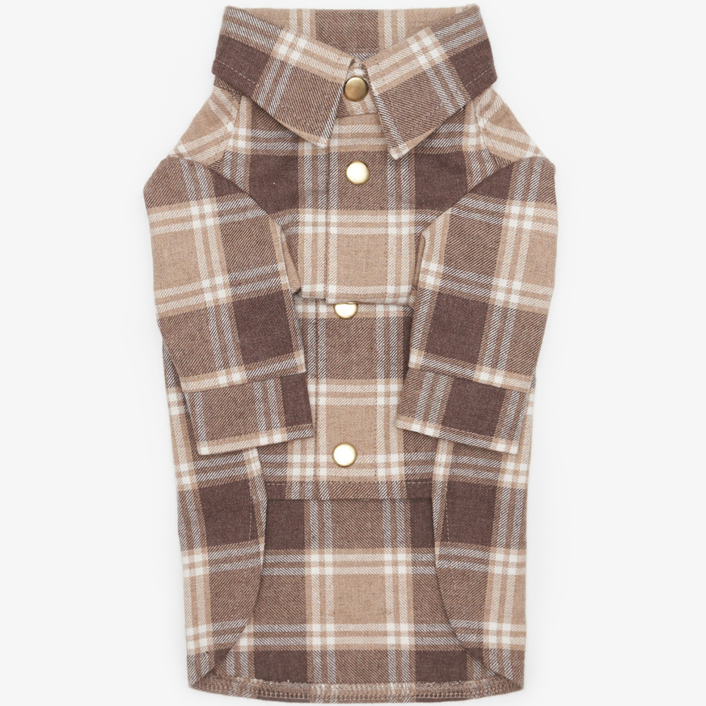 Brown plaid dog shirt folded flat on a white background, showing a crisp collar, long sleeves, and three golden snap fasteners.
