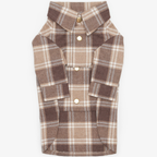 Brown plaid dog shirt folded flat on a white background, showing a crisp collar, long sleeves, and three golden snap fasteners.