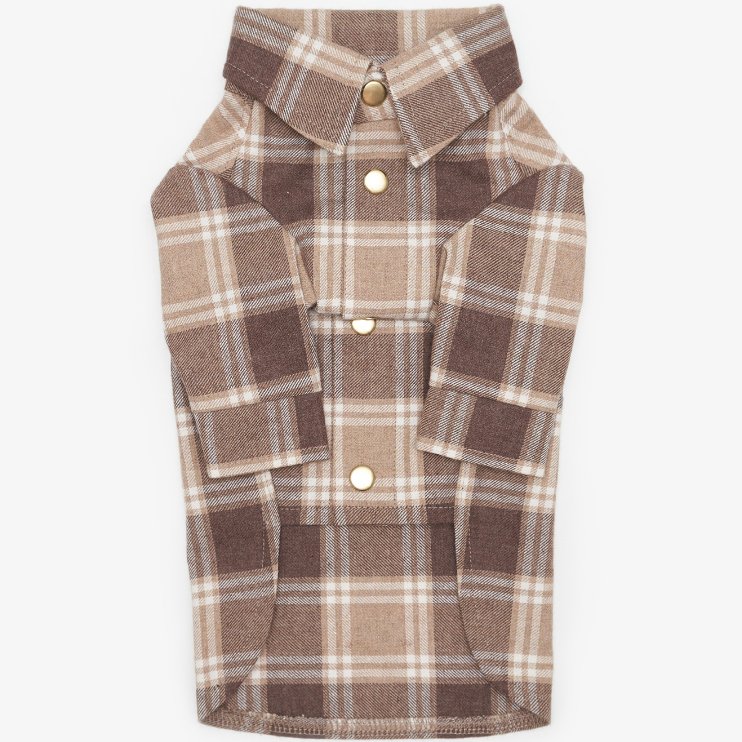 Brown plaid dog shirt folded flat on a white background, showing a crisp collar, long sleeves, and three golden snap fasteners.