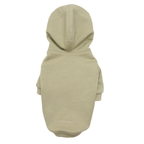 Seamless dorsal construction of the light green pet sweater, featuring the minimalist CHOUCHOÚ embroidery and a functional draft-proof hood.
