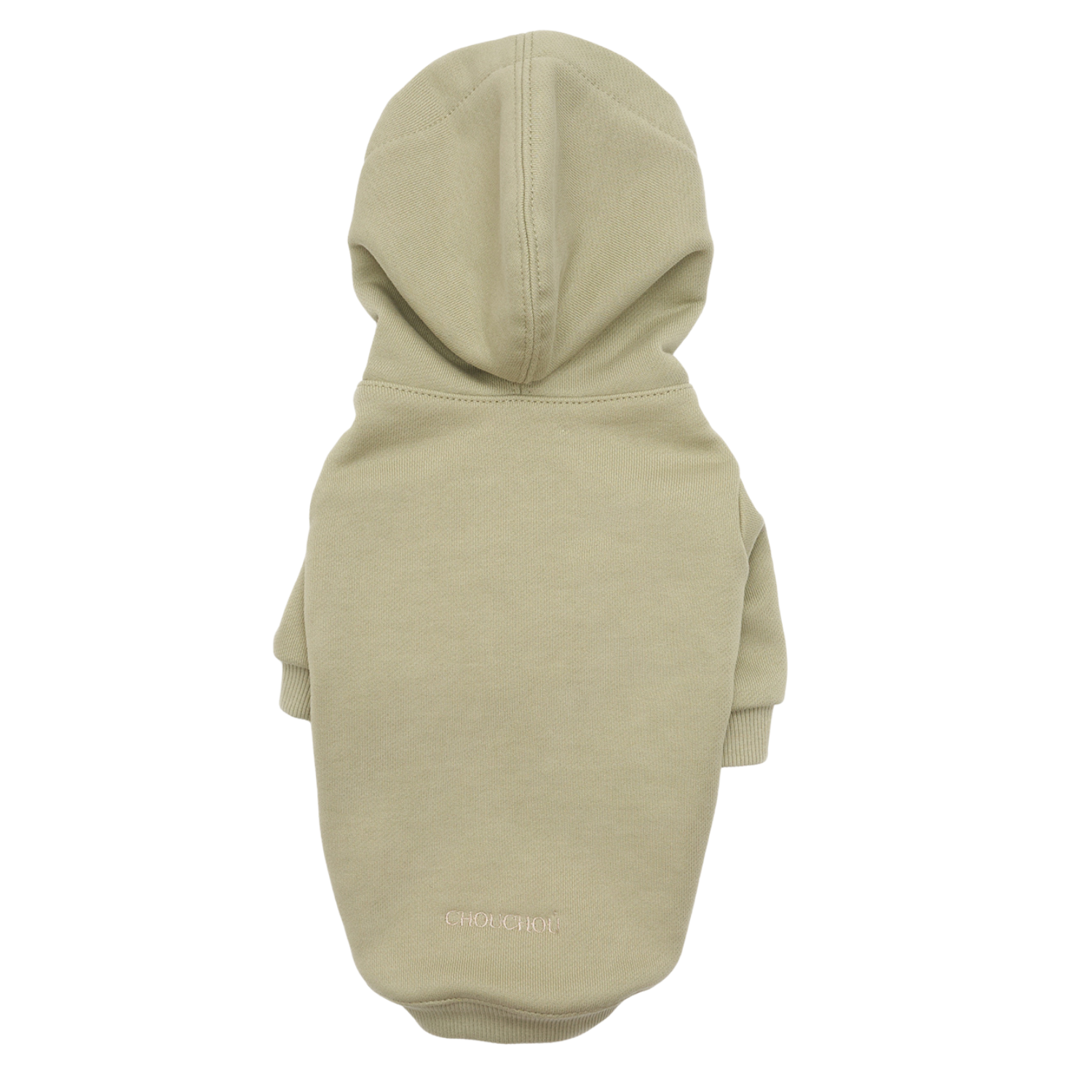 Seamless dorsal construction of the light green pet sweater, featuring the minimalist CHOUCHOÚ embroidery and a functional draft-proof hood.