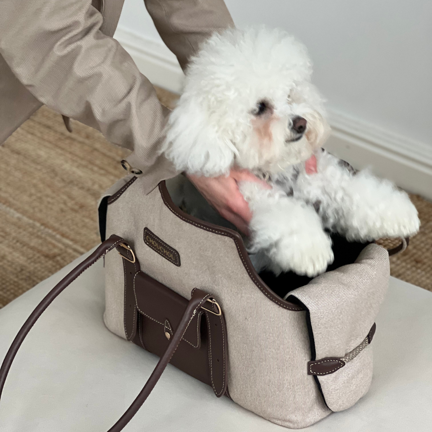 Gentle hands place a fluffy white Bichon Frise into the spacious compartment of the premium fabric and leather dog bag.