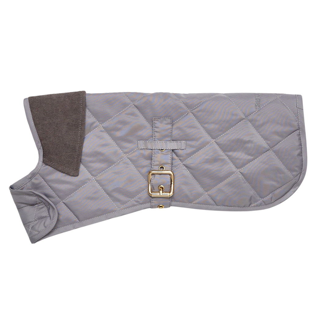 Side silhouette of the cool-toned gray-blue pet vest, highlighting the ergonomic design and adjustable brass-fitted waist strap.