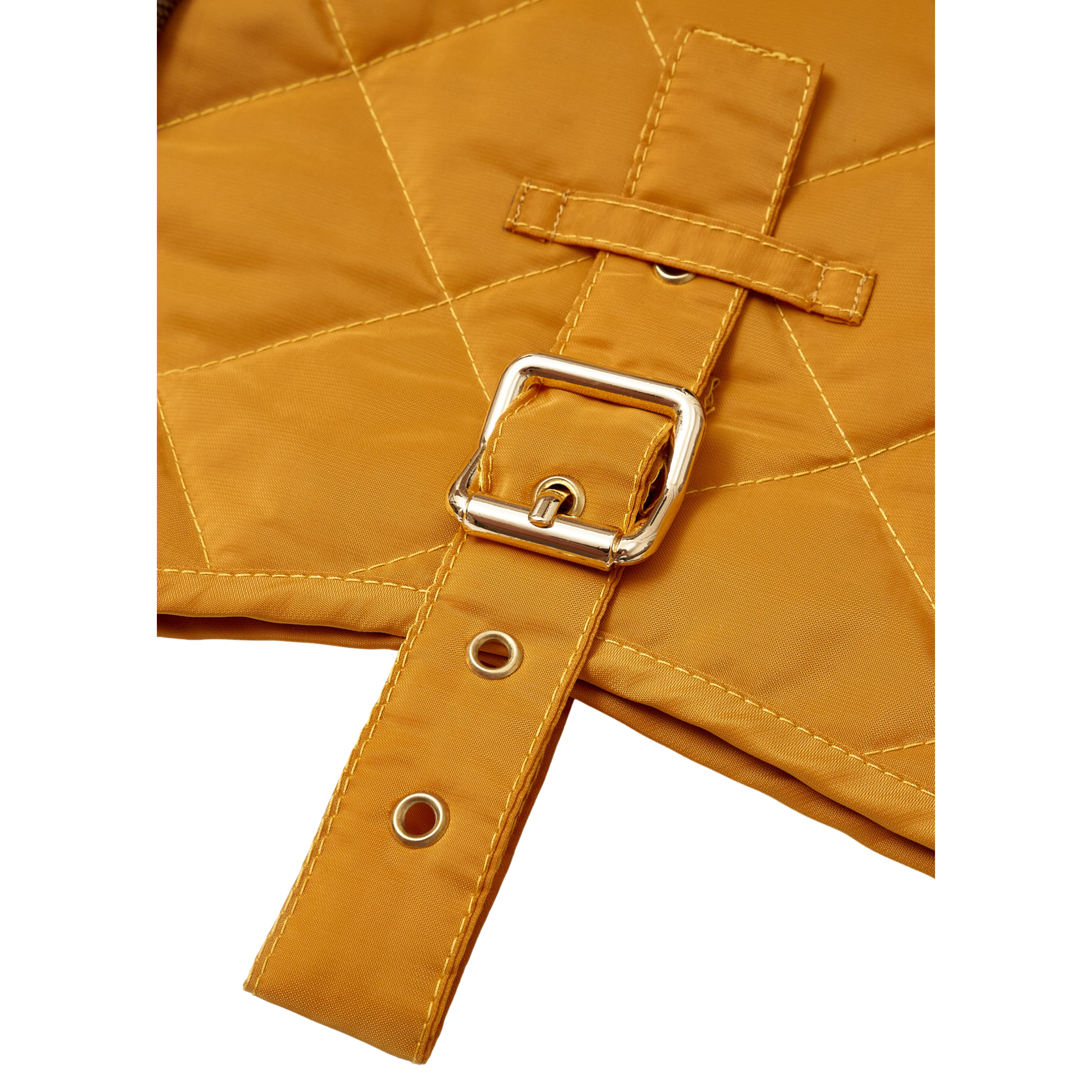 Golden-tone brass hardware securely fastened across a rich yellow water-resistant textile, ensuring absolute durability during active daily walks.