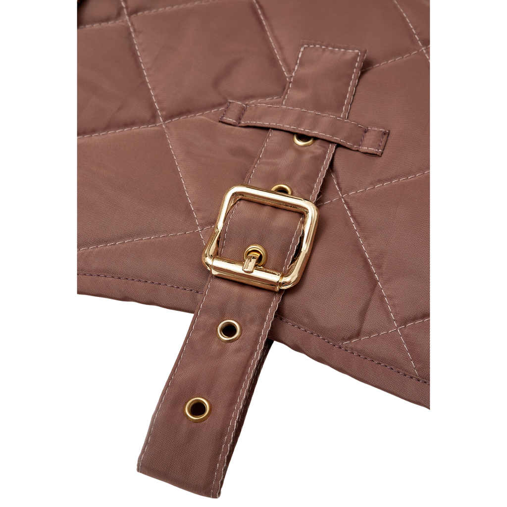 Macro photography detailing the heavy-duty solid brass buckle and reinforced strap construction on the CacheMio x CHOUCHOÚ heritage dog coat.