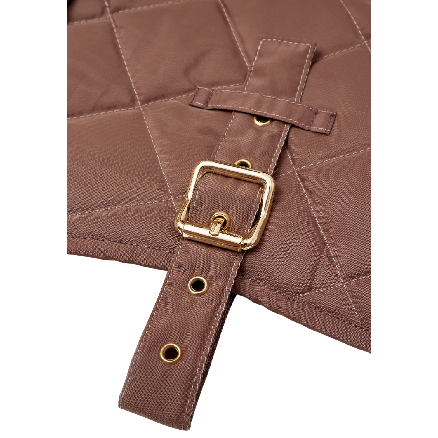 Macro photography detailing the heavy-duty solid brass buckle and reinforced strap construction on the CacheMio x CHOUCHOÚ heritage dog coat.
