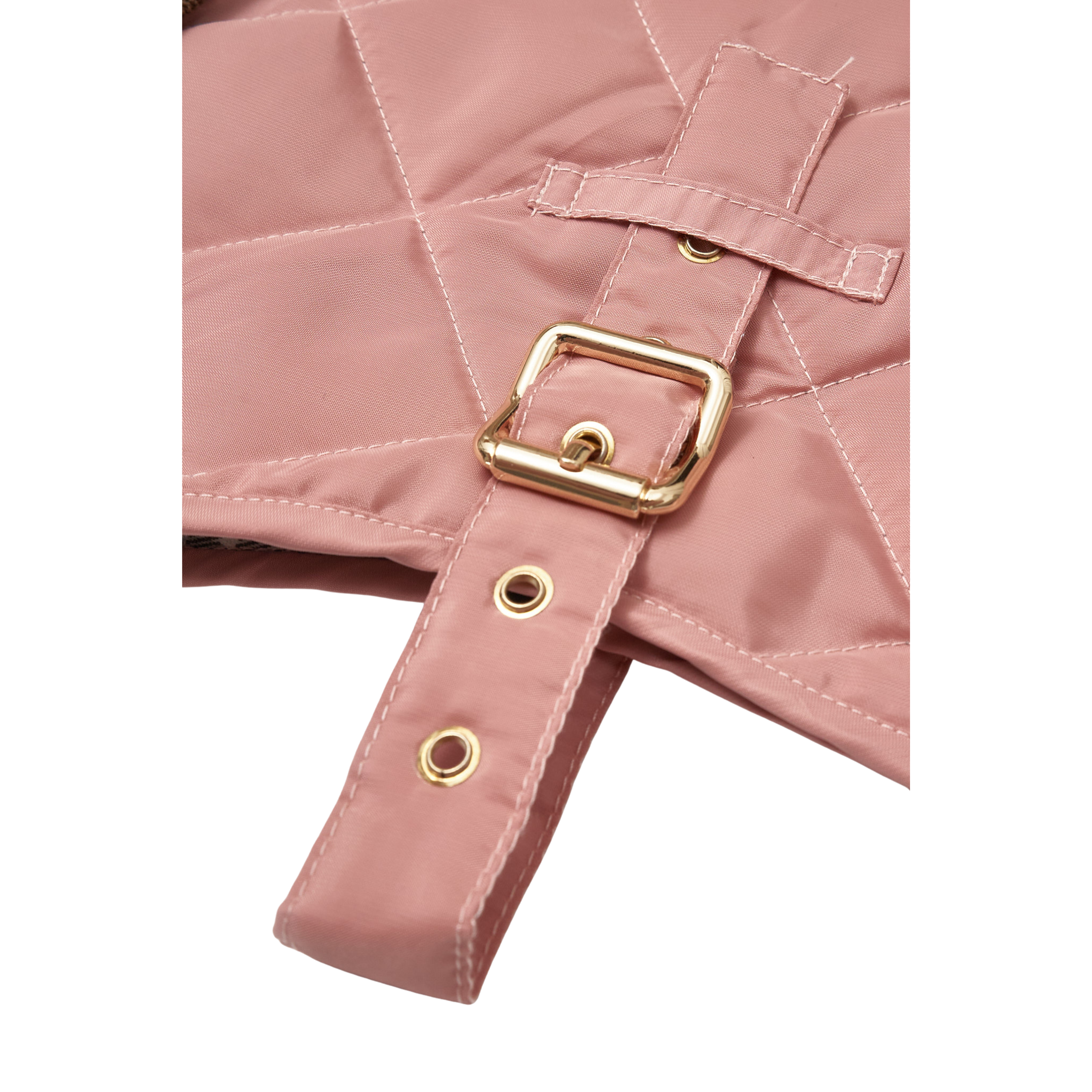 Gleaming golden-tone metal sharply contrasts with the romantic pink textile. A meticulously stitched waist belt feeds through this solid brass buckle to ensure absolute security during active outdoor sessions.