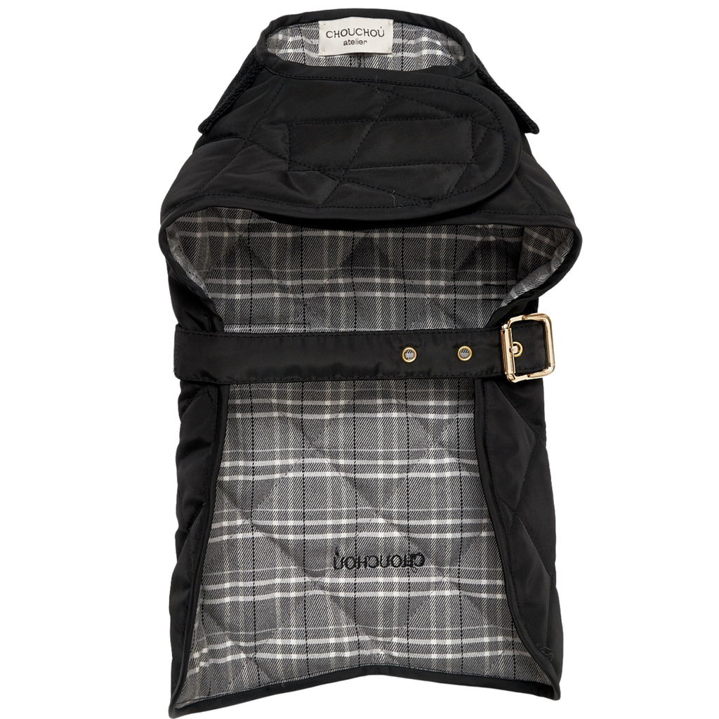 Interior view of the stealthy canine jacket, revealing a comfortable patterned cotton lining designed for active thermal regulation.