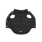 Fully expanded dark fabric reveals the aerodynamic quilting pattern. The heavy-duty black textile acts as an uncompromising barrier against urban winter elements.