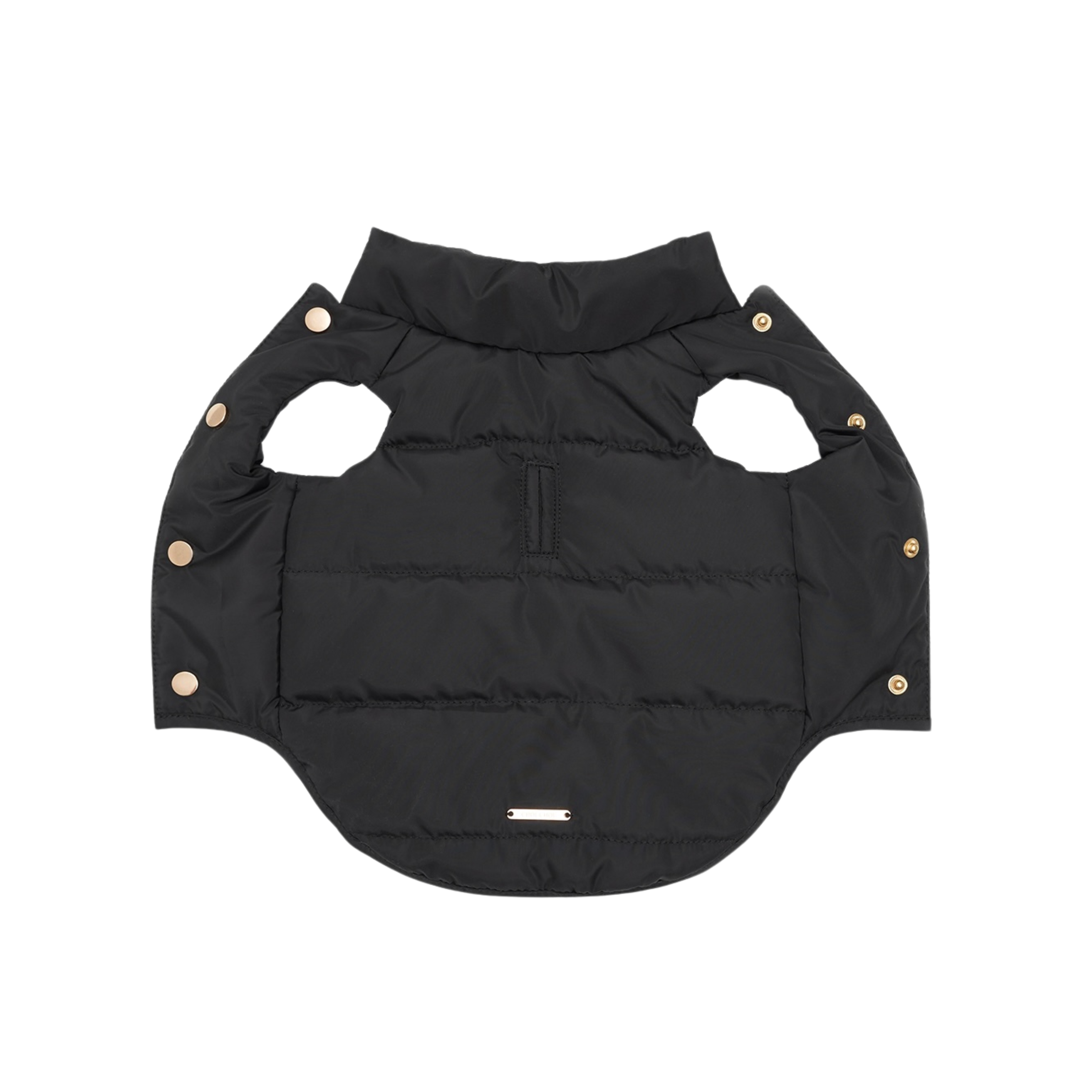 Fully expanded dark fabric reveals the aerodynamic quilting pattern. The heavy-duty black textile acts as an uncompromising barrier against urban winter elements.