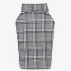 A seamless back panel highlights the lightweight woven cotton and meticulous pattern matching of the light gray pet shirt, finished with a subtle logo plate.