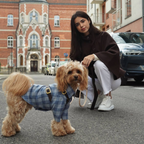 An elegant owner in a brown cape pauses on a cobblestone street with her curly maltipoo companion, who is sharply dressed in tailored canine shirting.