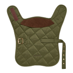 Flatlay presentation of the waterproof quilted dog coat in olive green by CacheMio x CHOUCHOÚ, featuring a velvet collar.