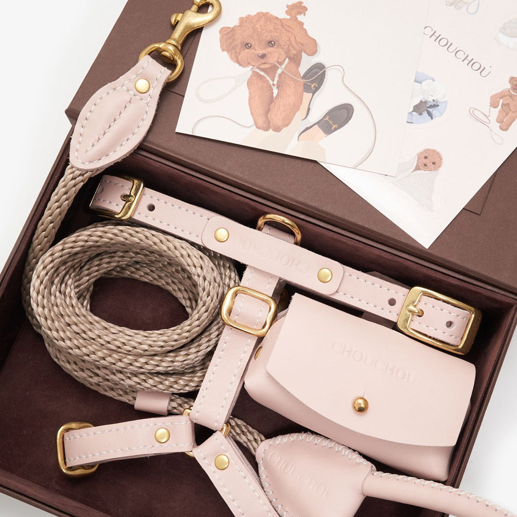 Unboxing the CHOÚ pale pink leather dog accessories set, featuring the harness, leash, dispenser, and elegantly illustrated care cards.