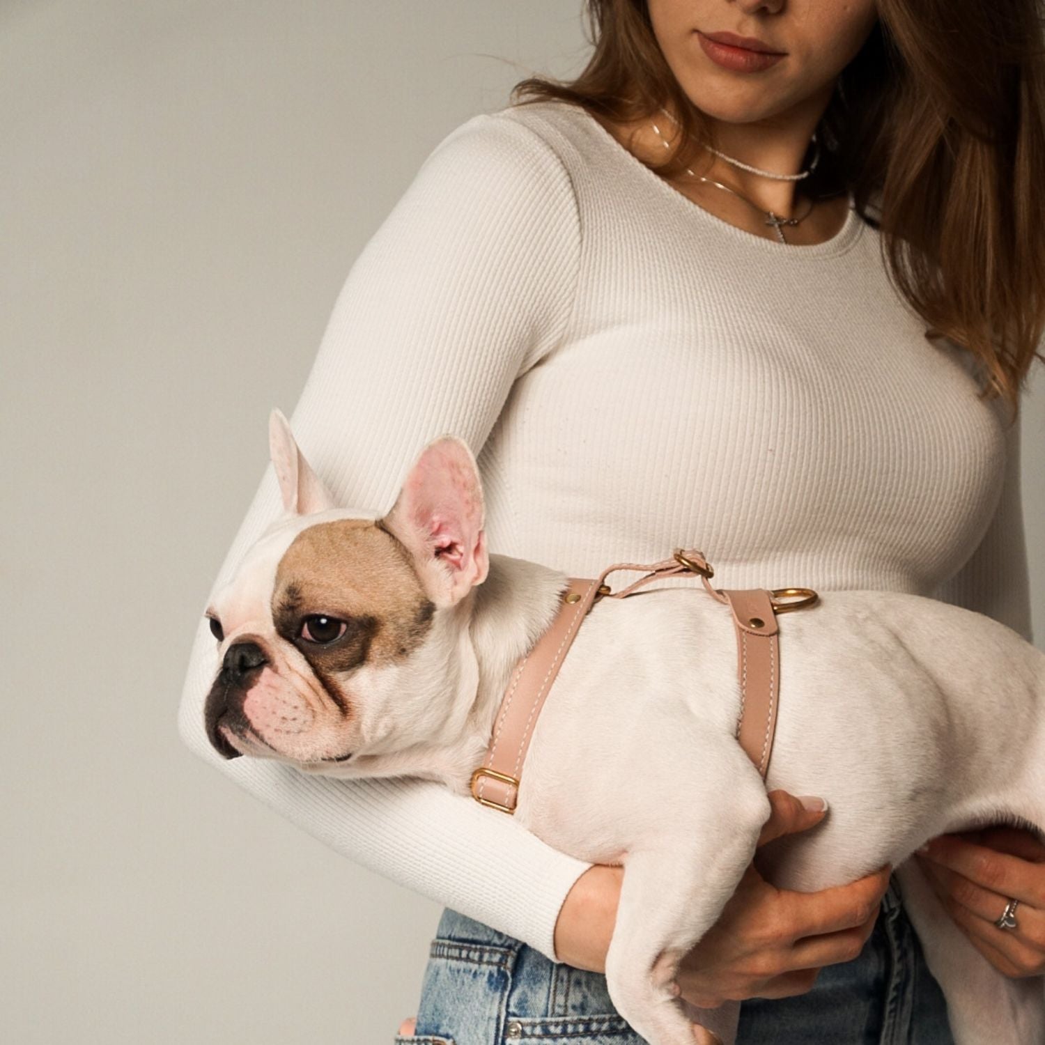 Woman holding a white French Bulldog wearing a stylish pale pink Italian leather dog harness by CacheMio & CHOÚ, showcasing the premium fit.