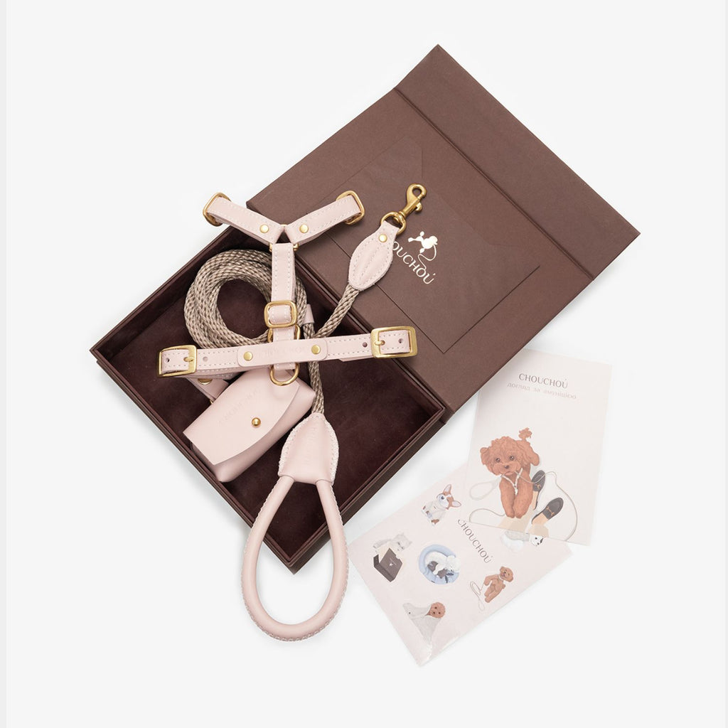 Top-down view of the luxurious pale pink leather dog walking set by CHOUCHOÚ, beautifully presented in a premium brown gift box.