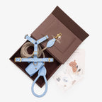 Top-down view of a luxurious light blue leather dog walking set by CHOUCHOÚ, beautifully presented in a premium brown gift box.