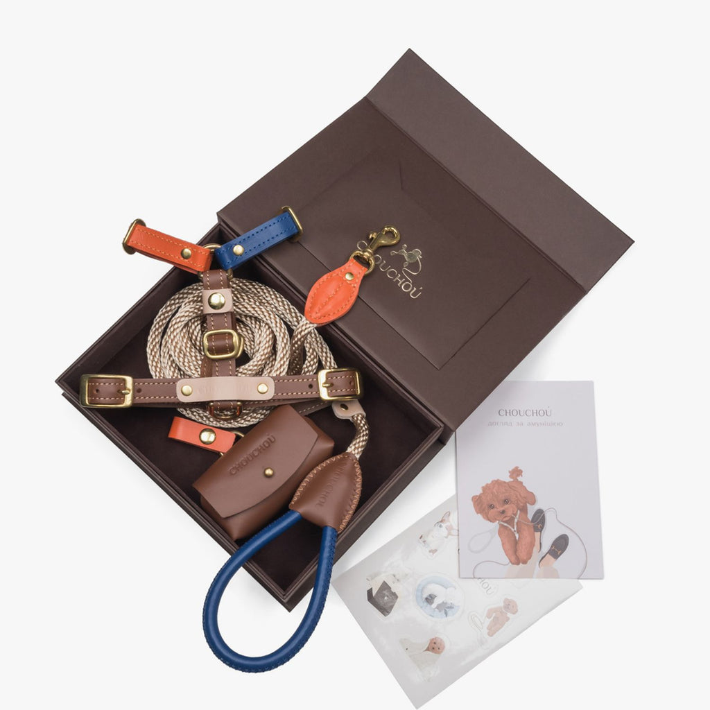 Luxury color-block pet accessories by CHOUCHOÚ, featuring a blue-handled leather leash and vibrant harness presented in a boutique gift box.