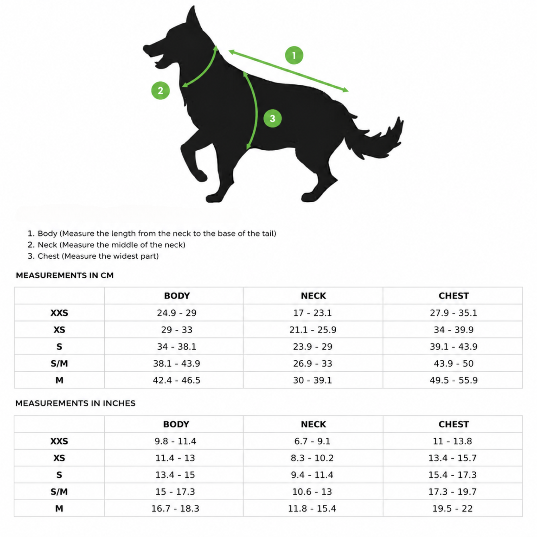 Size guide chart for the checkered dog shirt, showing a dog silhouette with measurement points and dimensions for body, neck, and chest in cm and inches.