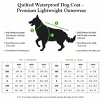 Comprehensive measurement guide and size chart for the CacheMio x CHOUCHOÚ waterproof dog coat, showing neck, chest, and body lengths.