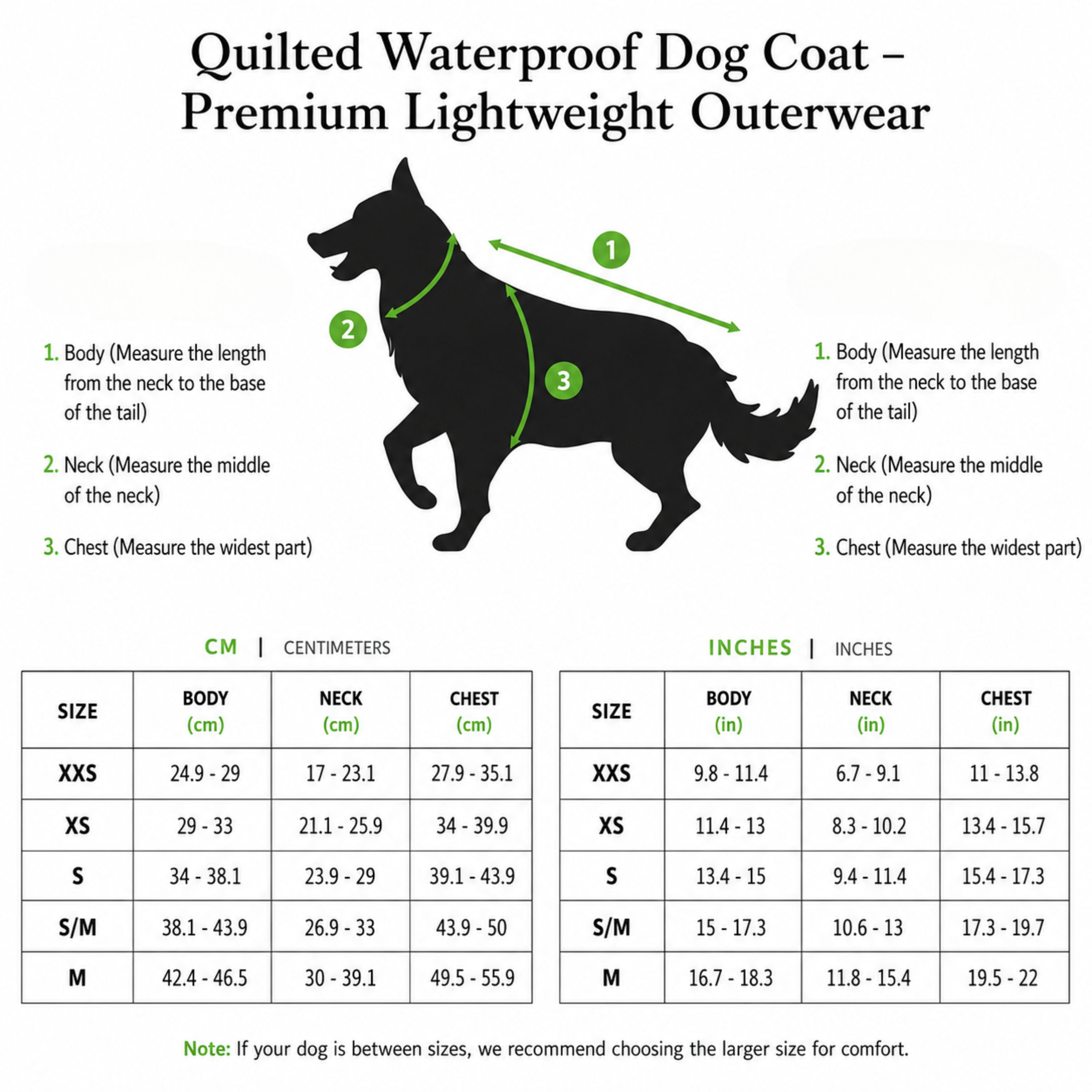 Comprehensive measurement guide and size chart for the CacheMio x CHOUCHOÚ waterproof dog coat, showing neck, chest, and body lengths.